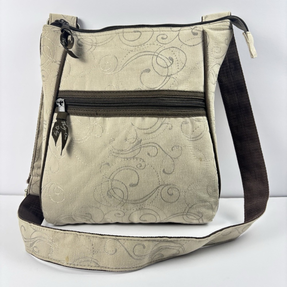 Thirty One Crossbody Purse Tan & Brown Swirl Bag with Adjustable Strap Retro Fun